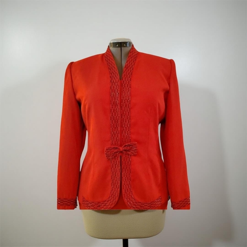Albert Nipon Red Blazer With High Collar And Embe… - image 1